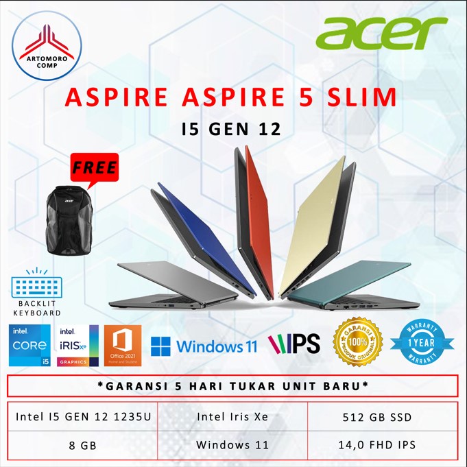 ACER ASPIRE 5 SLIM A514 55 537X - GEN 12 I5 1235U 8GB 512SSD FHD IPS - NON PAKET, 24GB 512SSD
