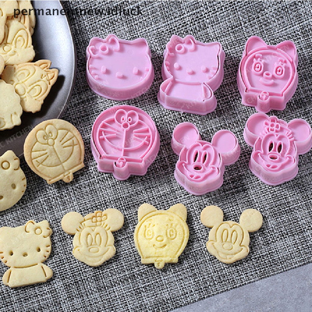 [luckypermanentnew] 1pasang Cookie Cutters Plastik Lucu Kartun Ditekan Cetakan Biskuit Cetakan Kue [ID]