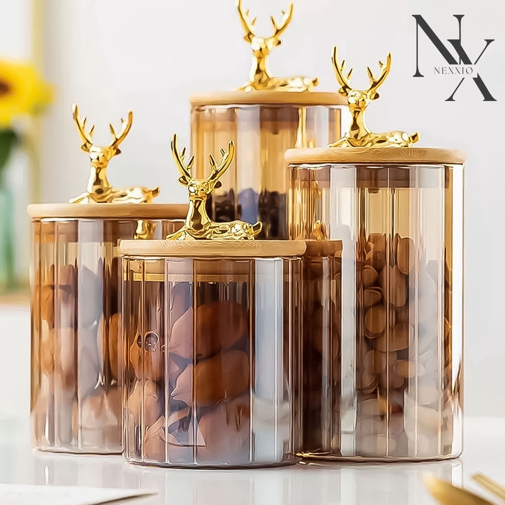 NexXio Penyimpanan makanan/ Toples Deer/ Rusa / Toples Kaca / Toples Kue / Toples Snack / Toples food jar gold / Toples Gift/ Wedding Gift/Birthday Gift/Toples Cantik
