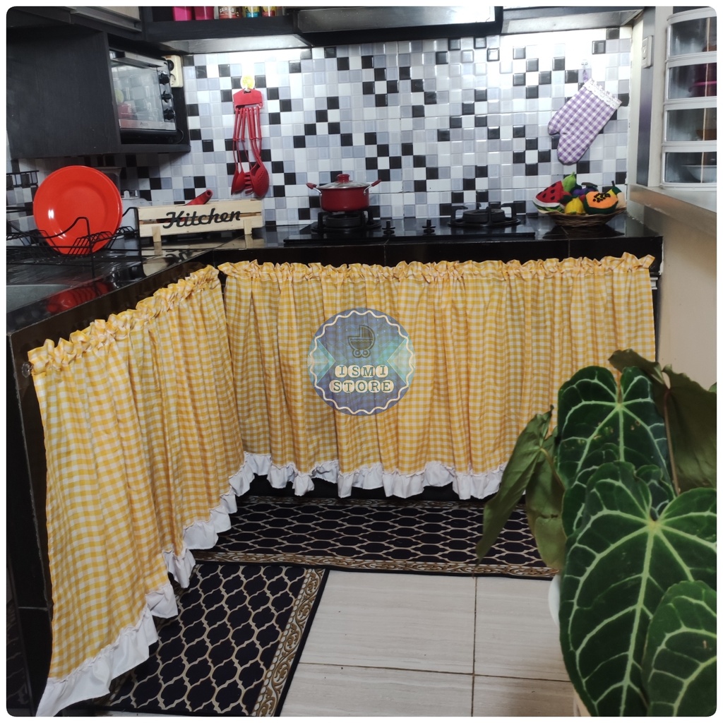 Tirai /GORDEN Kolong DAPUR/MEJA Ruffle BAWAH Polos SINGLE Estetik Motif Kotak Gingham Bisa CUSTOM Ukuran by Ismi Store