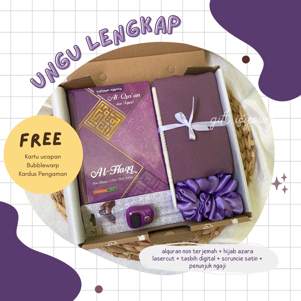 Hampers Gift box Hadiah Kado Al Quran A6 Hijab Paris Jadul untuk Cewek Ulang Tahun, Wisuda, Perpisahan