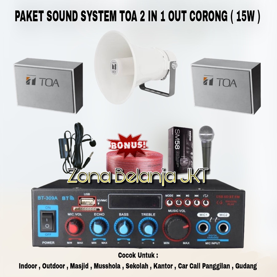 PAKET SOUND SYSTEM TOA MASJID MUSHOLLA 2 IN 1 OUT SPEAKER CORONG TOA 15W ( HEMAT 3 )