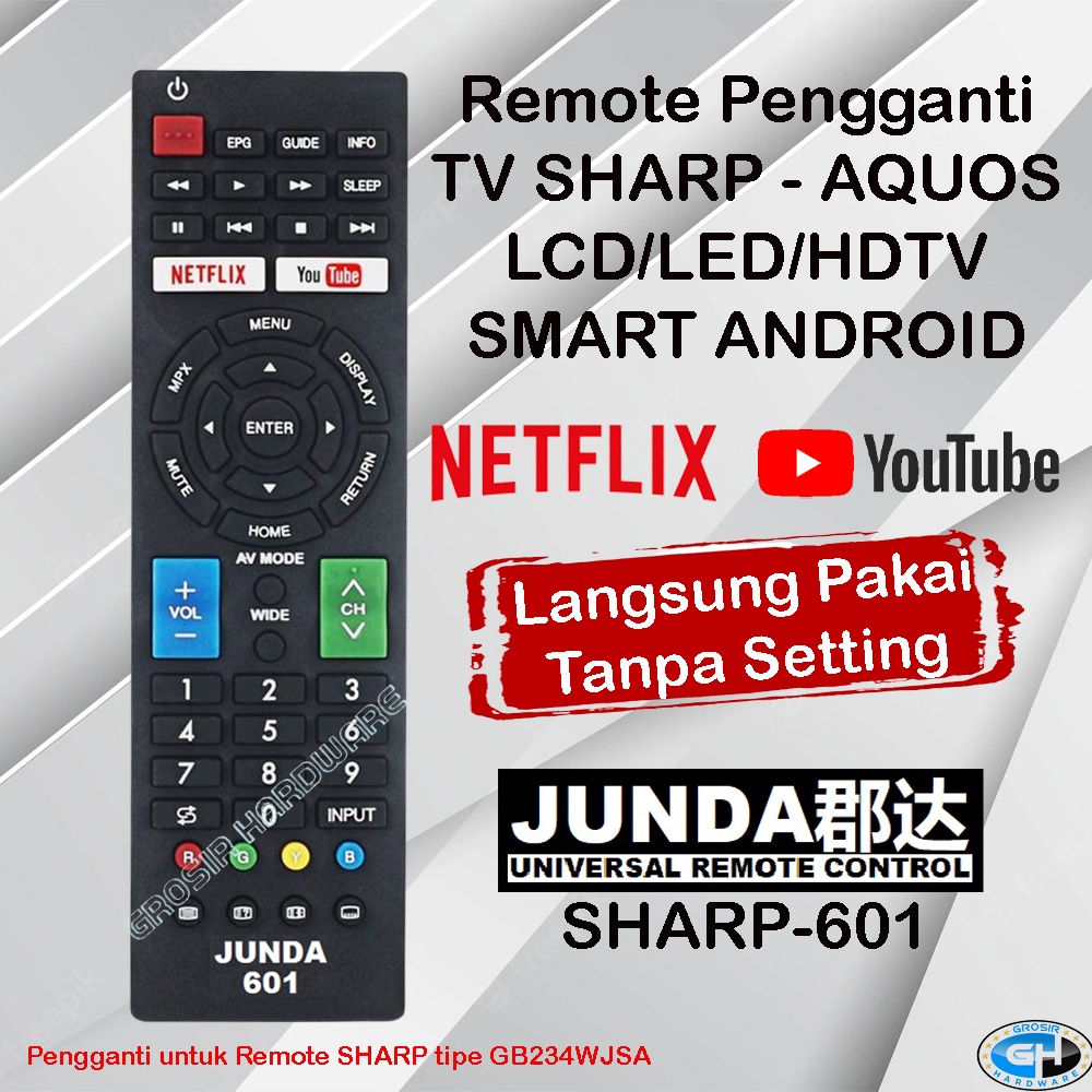REMOT TV SHARP AQUOS LCD LED HDTV SMART ANDROID JUNDA SHARP 601 LANGSUNG PAKAI TANPA SETTING REPLACEMENT REMOTE CONTROL
