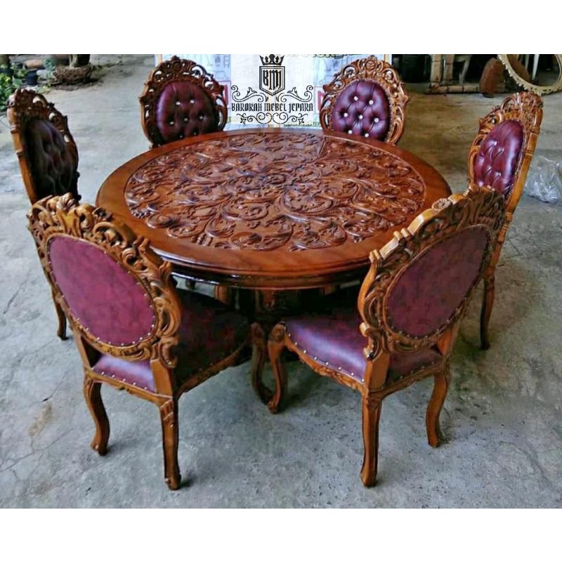 meja makan jati jepara bundar 6 kursi