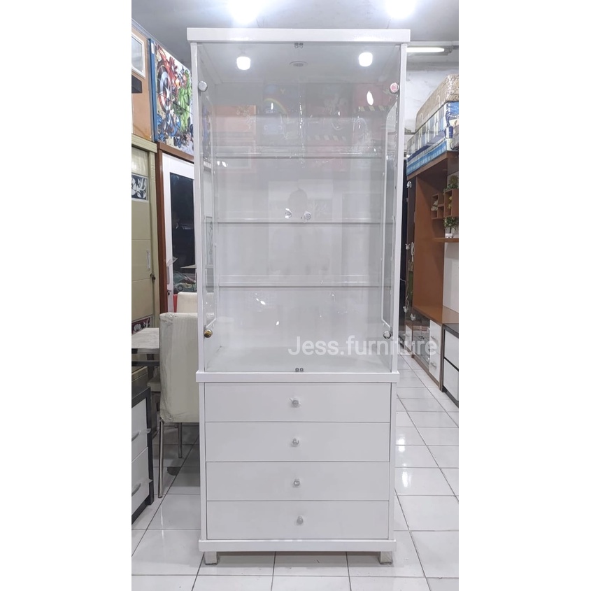 Lemari Pajangan kaca 2Pintu 4Laci + Lampu , Lemari Kaca Minimalis 4laci , Lemari Tas 2Pintu , Lemari