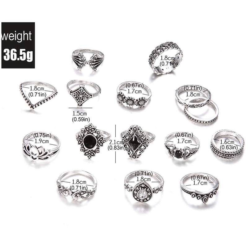 15pcs/set Cincin Untuk Anak Perempuan Hitam Set Cincin Fashion Perhiasan Gaya Bohemian Bague Pasangan Anillo Schmuck Aksesoris Untuk Wanita