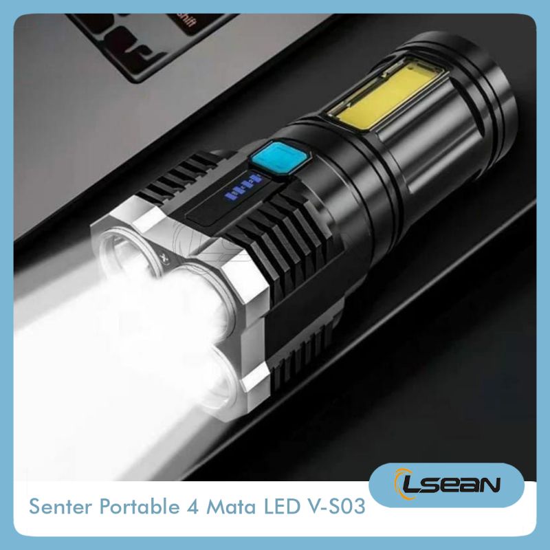 SENTER JARAK JAUH RECHARGE PORTABLE FLASHLIGHT 4 MATA LED COB LIGHT V-S03