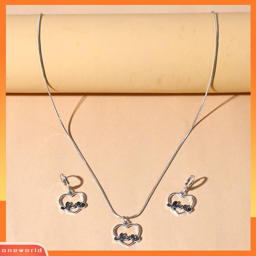 [oneworld] Set Kalung Eye-catching Bahan Alloy Pengerjaan Halus Bentuk Hati Cincin Telinga Menjuntai Set Untuk Harian