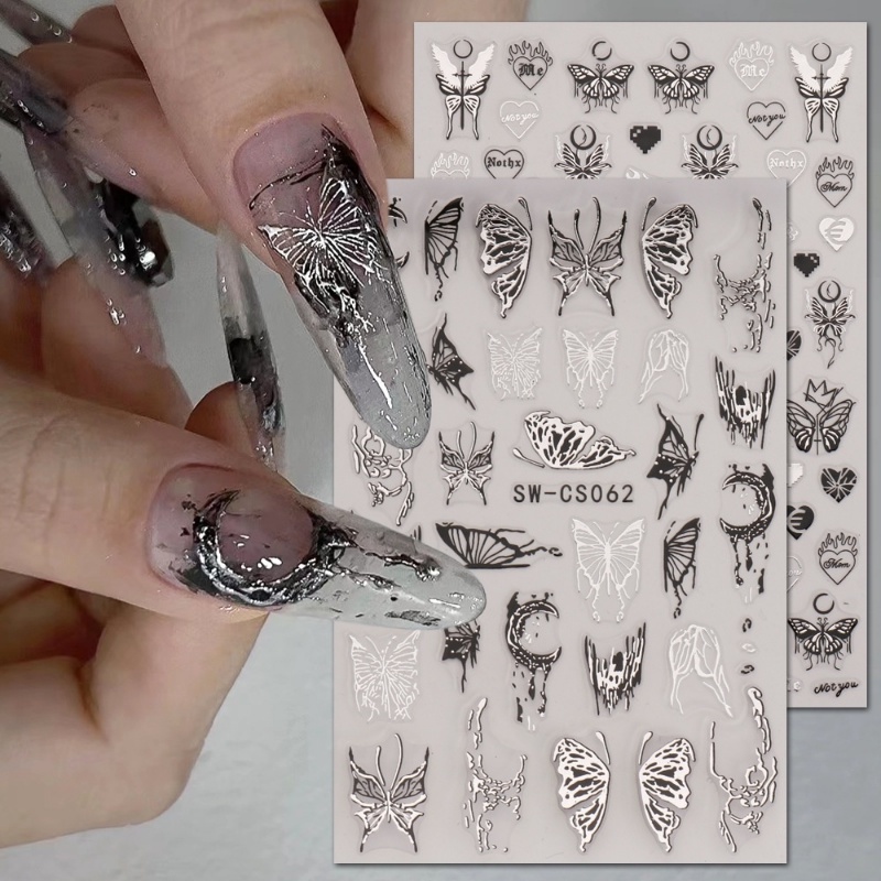 Diy Art Nail Decal Dark Butterfly Moon Peningkatan Kuku Stiker Tekstur 3D Cinta Stiker Kuku