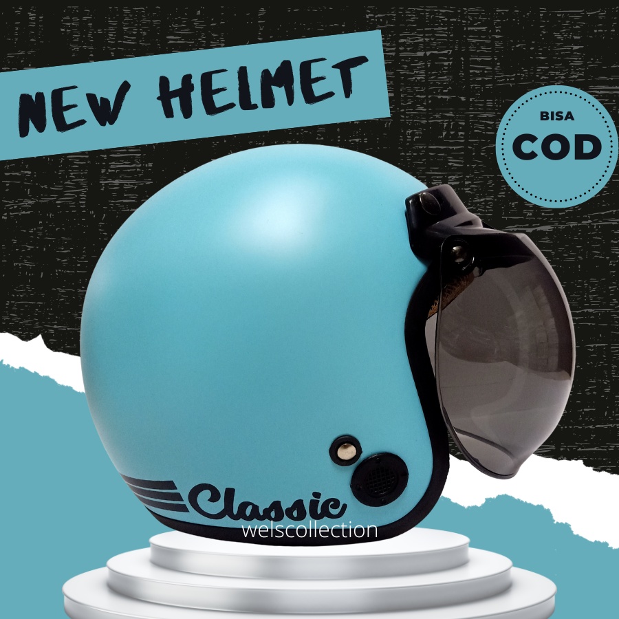 Helm Bogo Wanita Perempuan Pria Dewasa Classic Retro Biru Doff Pastel Kaca Datar Cembung Full Leher 