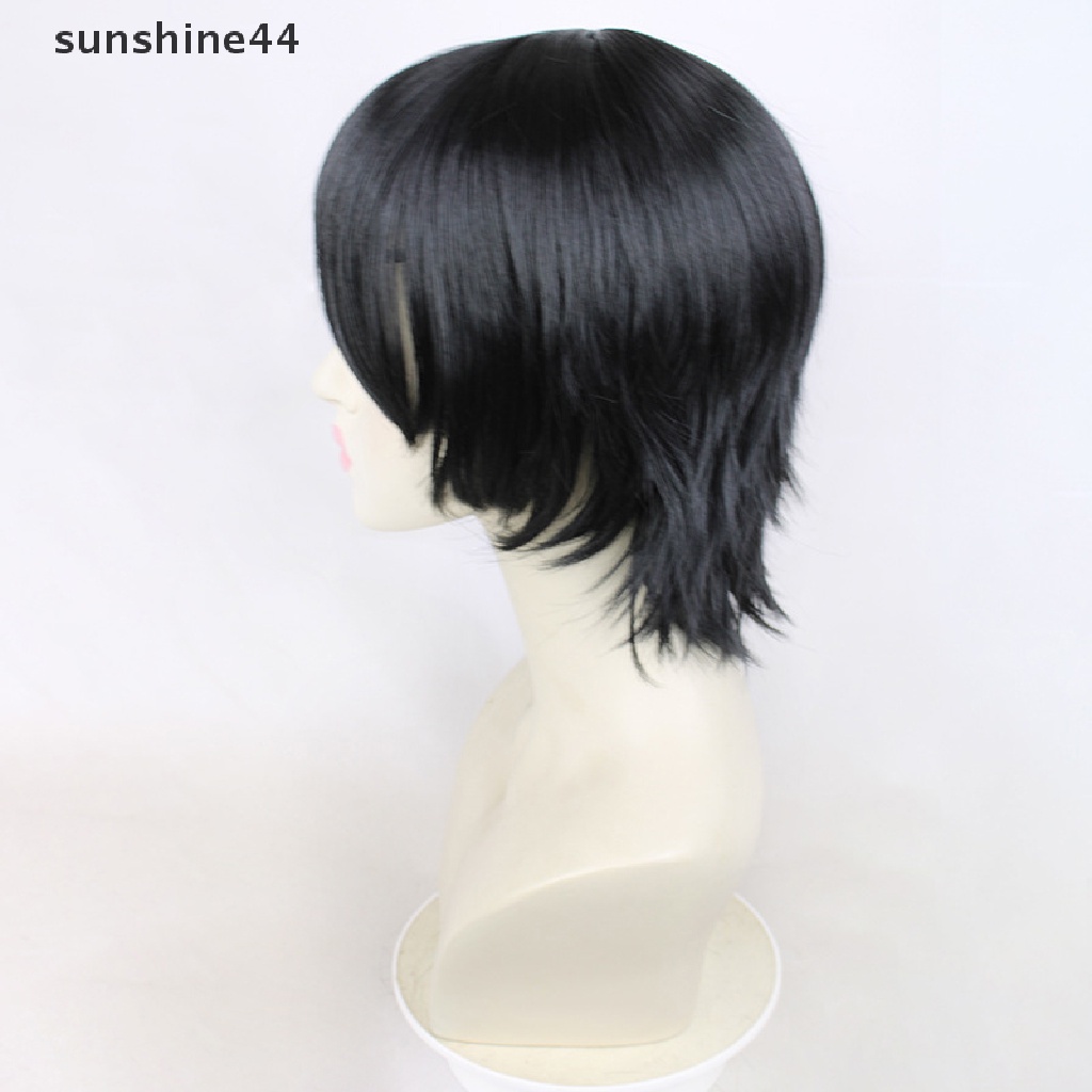 Sunshine Himeno Wig Chain Man Hitam Pendek Berbulu Lapis Rambut Sintetis Tempelan Tahan Panas Kostum Wig Pesta.