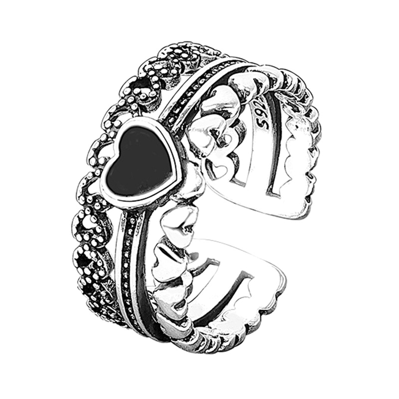 S925 Sterling Silver Cincin Untuk Wanita Jantung Zirkon Hitam Mahkota Jari Terbuka Adjustable Cincin Trendi Vintage Halus Jelwery