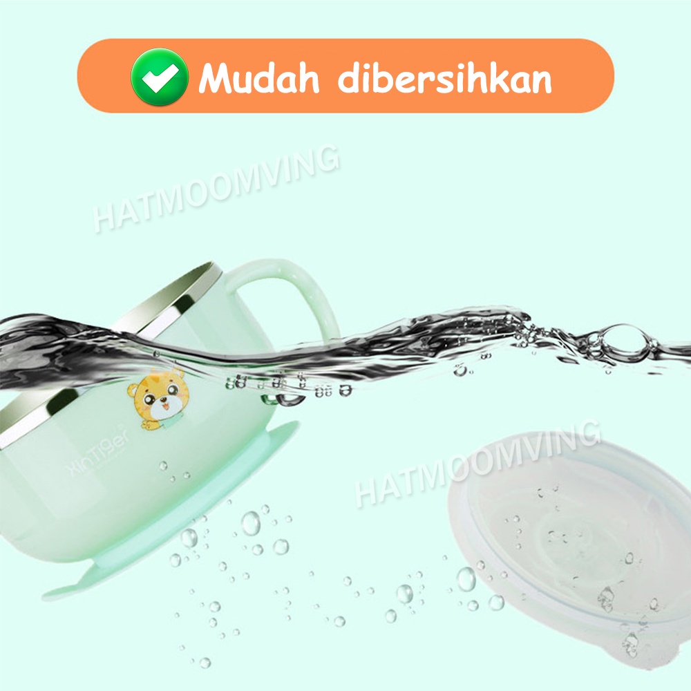 Mangkok terisolasi bayi / Mangkok Bubur / Alat makan bayi / stainless steel dua lapis mangkuk terisolasi bayi dengan pegangan mangkuk makanan pelengkap mangkuk anti jatuh dengan tutup 3 warna