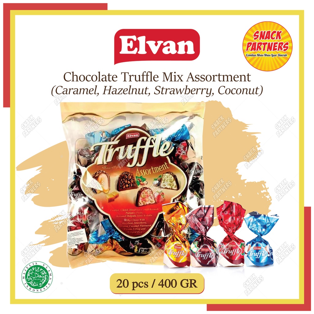 

ELVAN Chocolate Truffle Mix Assortment 20 PCS / 400 GR - Coklat Truffle Arab Turkey Best Quality Premium - Caramel Karamel Kacang Hazelnut Strawberry Stroberi Coconut Kelapa