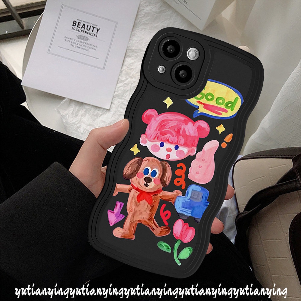 Case Graffiti Kartun Untuk Samsung A12 A04 A50 A04s A32 A53 A30s A50s A22 A03s A13 A23 A04E A21s A52 A52s A11 A02s A31 A33 A20 A51 Anjing Lucu Gadis Lucu Stiker Wavy Edge Soft Case