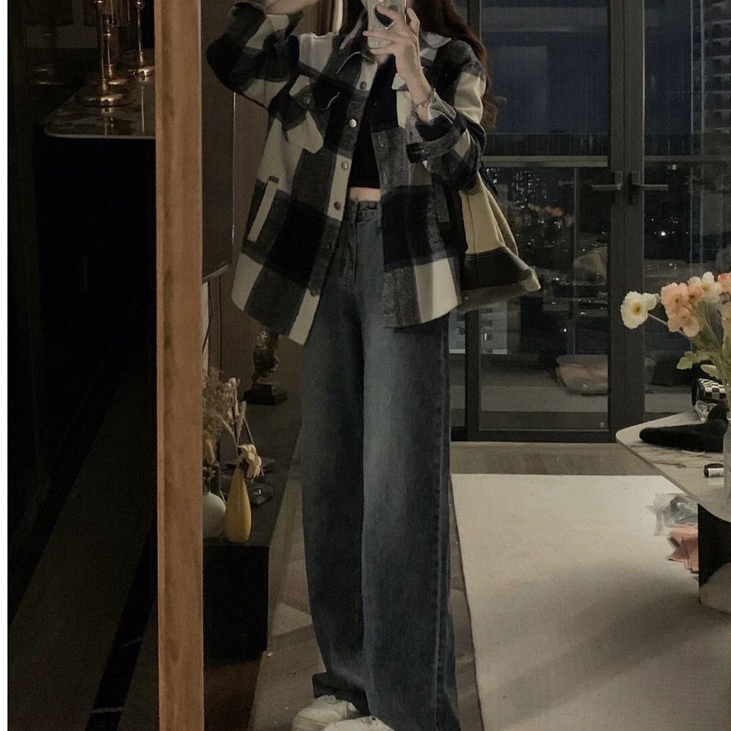 Musim gugur dan musim dingin kemeja lengan panjang kotak-kotak desain wanita niche rasa kemeja longg