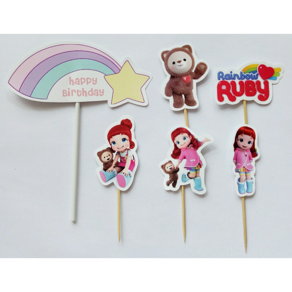 isi 6 hiasan kue ulang tahun cake topper karakter Rainbow Ruby