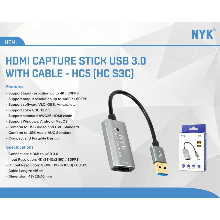 Usb A 3.0 Hdtv video capture cable nyk 4k UHD 30fps live steaming obs vlc amcap etc hc-5 - Kabel usb3.0 hdtv hc5