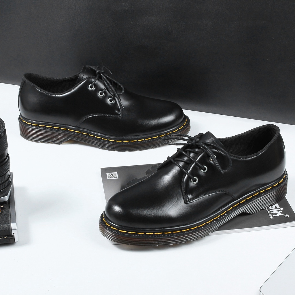 Athar Porselain - Sepatu Docmart Pria Low Boots Hitam Kulit Asli