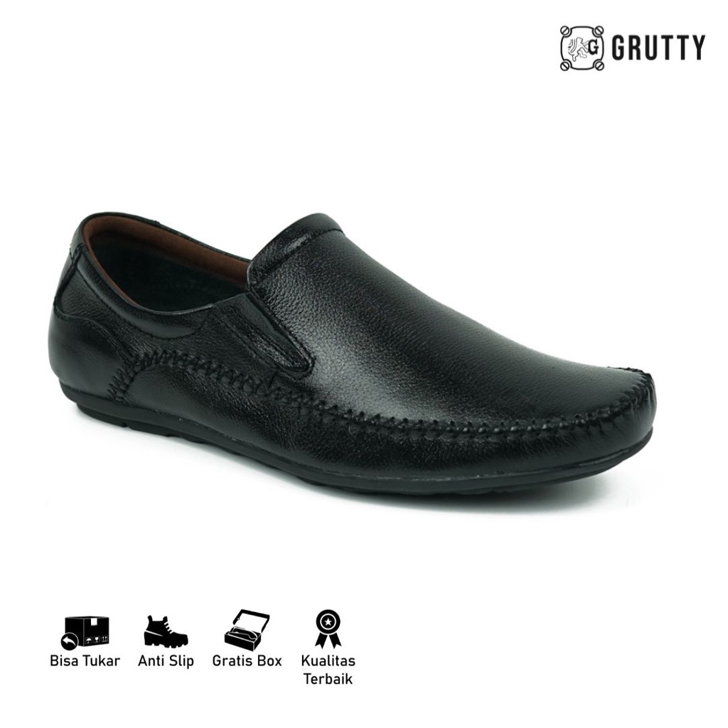 Sepatu Pria Kasual Slip On Kulit Coklat Hitam Grutty JN8810 Lentur dan tidak licin