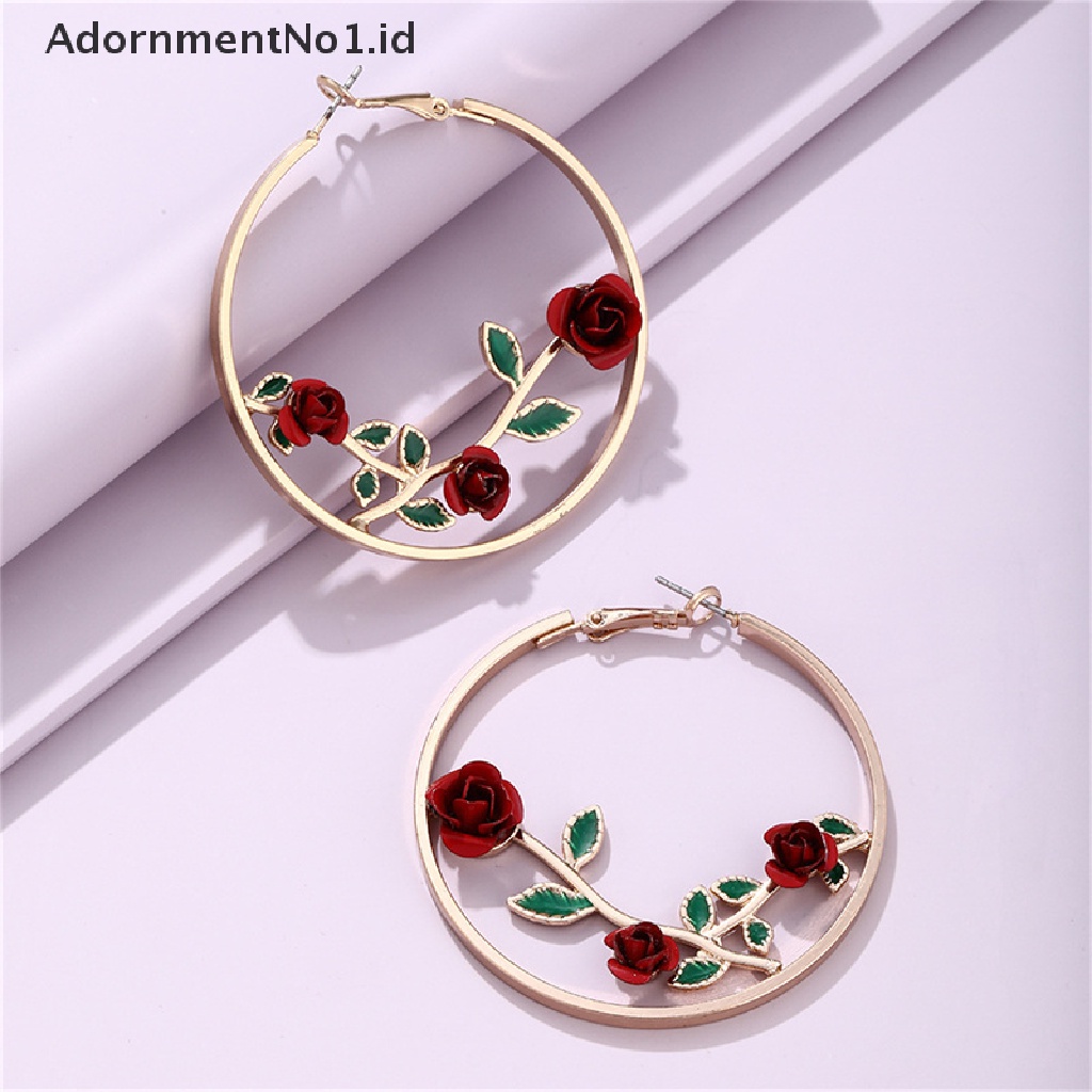 [AdornmentNo1] Wanita Bunga Hoop Anting Mawar Berongga Anting Berlebihan Bulat Perhiasan Fashion [ID]