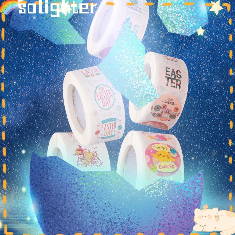 Solighter 500pcs/roll Stiker Paskah Gift Box Stationery Kelinci Lucu Happy Easter Bunny Stiker Hias