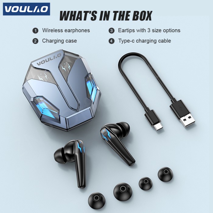 headset bluetooth VOULAO GM4 Headset Nirkabel Bluetooth Gaming Earphone HiFi Stereo TWS - Hitam(A1D0