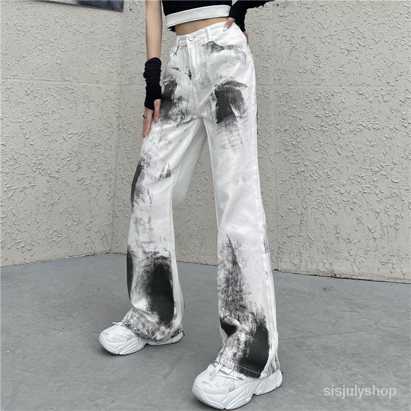 #Sisjuly# Jeans tertekan tie-dye berkaki lurus berkaki lurus wanita ukuran besar pinggang tinggi lon