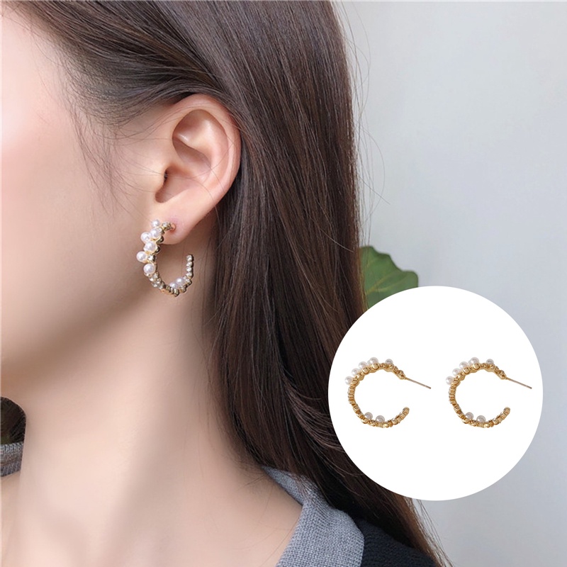 Mutiara Buatan Elegan Luka Logam Twist Hoop Earrings Baru Fashion Perhiasan Pesta Aksesoris Manis Untuk Wanita