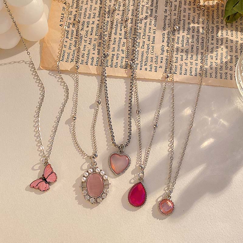 Set Kalung Rantai Permata Warna-Warni Hati Kupu-Kupu Perak Liontin Choker Necklace Untuk Wanita Fashion Aksesoris Perhiasan