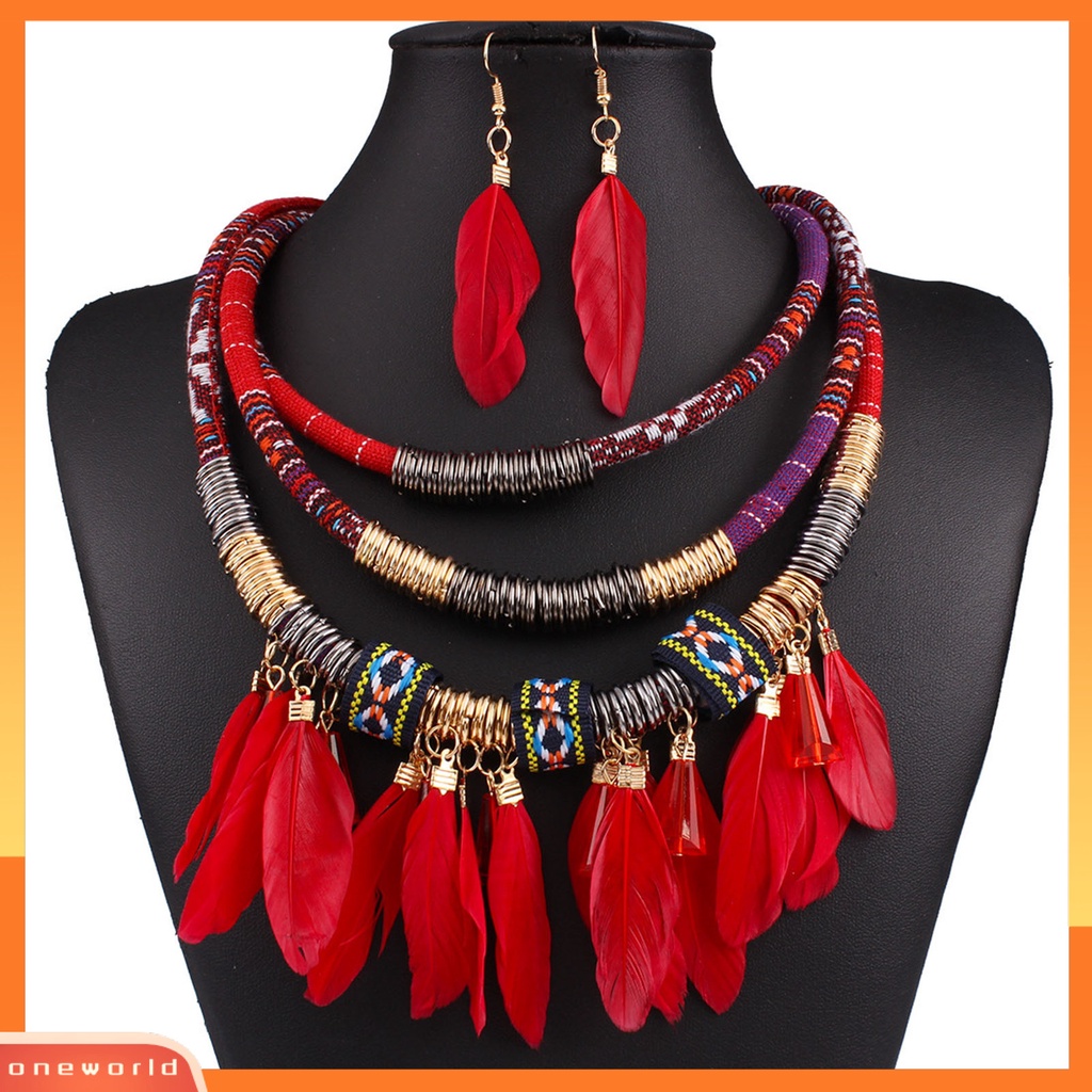 [oneworld] 2pcs/set Bulu Rumbai Kalung Anting Set Multilayer Alloy Bohemian Etnik Perhiasan Set Perhiasan Aksesori