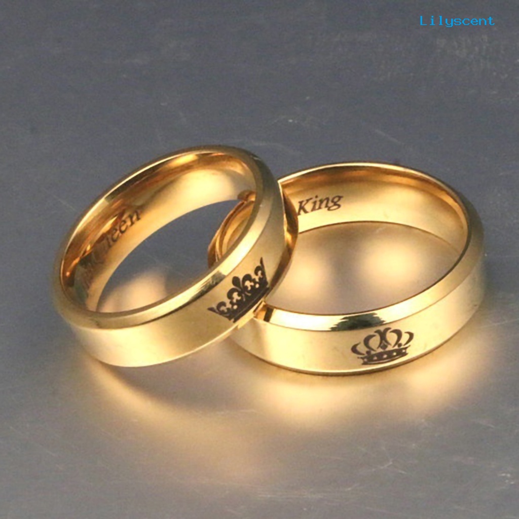 [LS] Cincin Pasangan His Queen Her King Crown Bahan Titanium Steel Huruf Ukiran Kekasih Cincin Perhiasan Untuk Tunangan