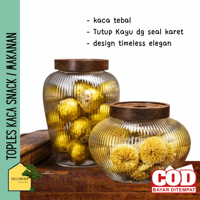 TOPLES KACA TEBAL UNTUK KUE KERING LEBARAN KEDAP UDARA TUTUP KAYU