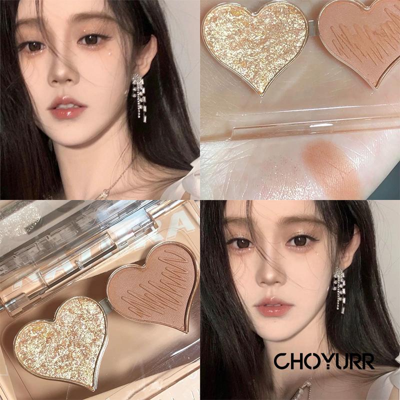 【COD】Eyeshadow Palette 2 Warna Highlighter / Blusher Matte Pearlescent Eye Shadow Hati Glitter Powder Tahan Lama Makeup Berbentuk Portable-CH