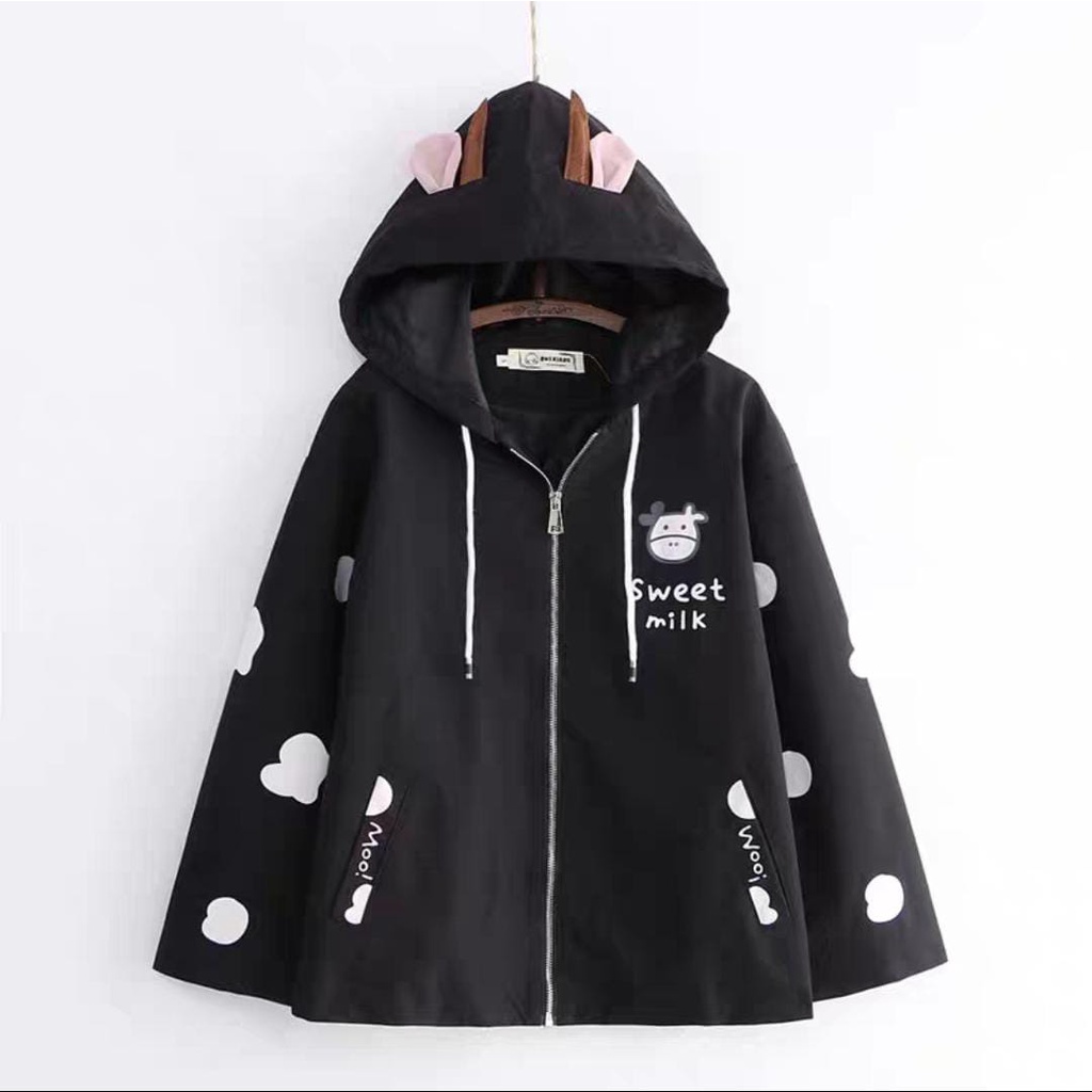 SWEET MILK COW ZIPPER JACKET HOODIE TOPI TELINGA LUCU (PH)