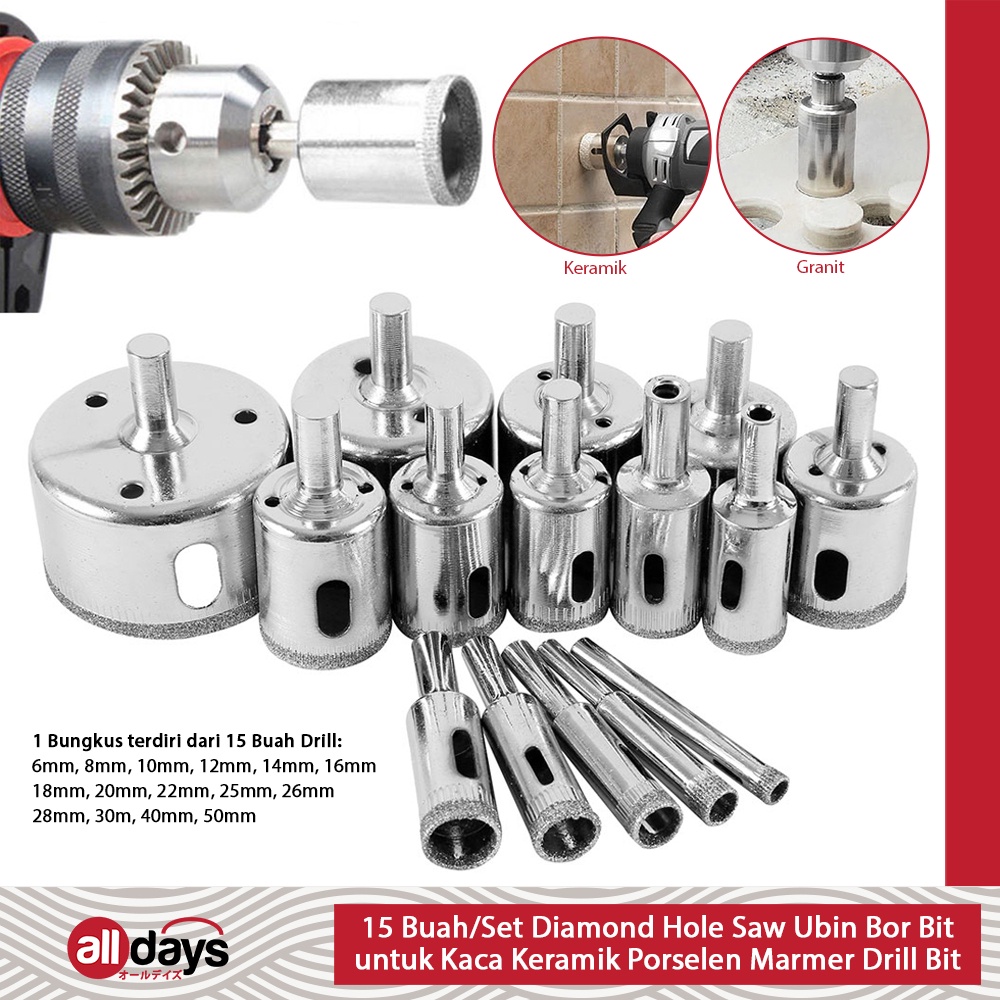 Alldays 15pcs/Set Gergaji Lubang dapat disesuaikan / Diamond Hole Drill Bit Set Glass, Ceramic, Tile, Saw, Cutting