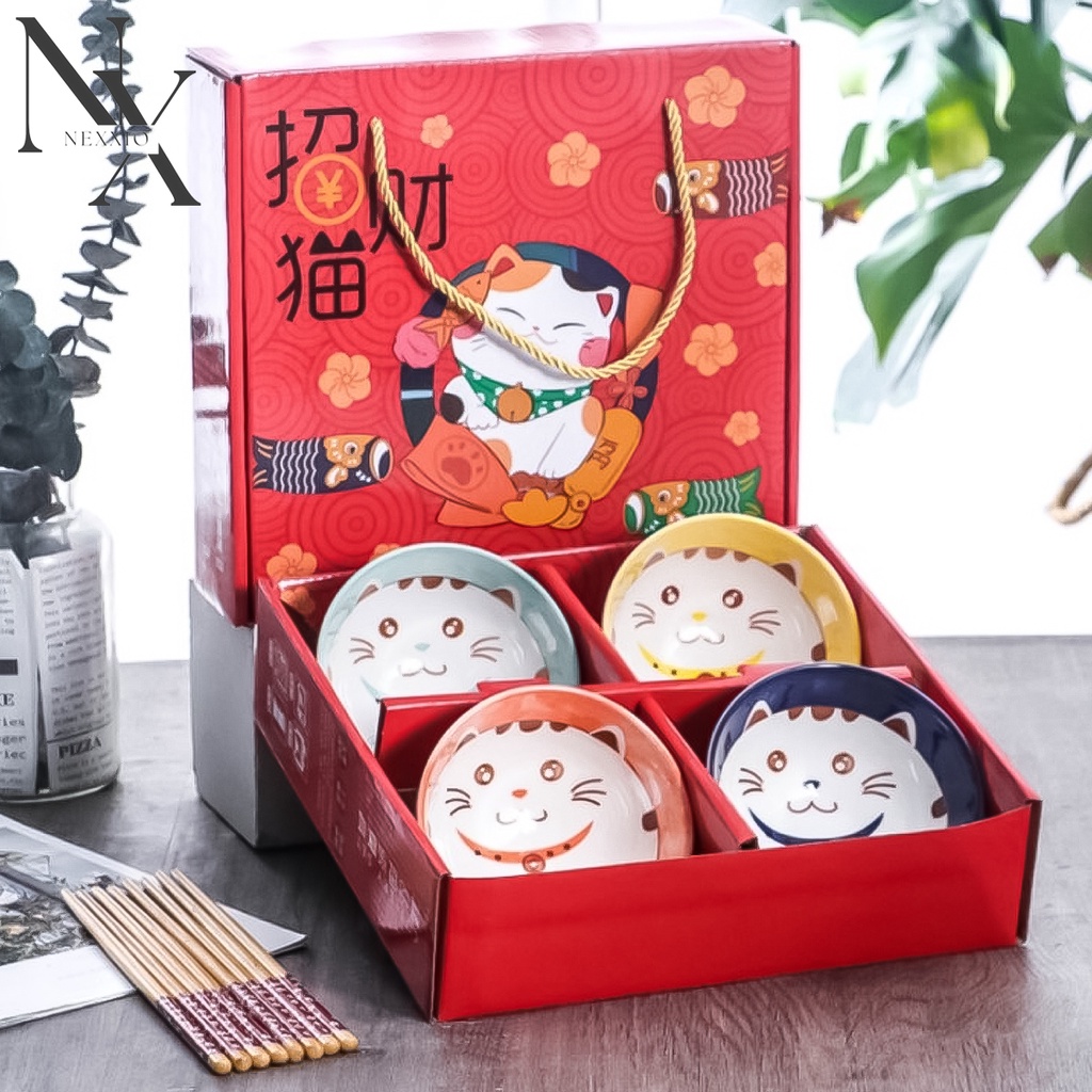 NexXio  Mangkok Set premium / Mangkuk Set Japan bah keramik / hampers Japanese Bowl set mangkok sumpit alat makan / Mangkuk Set Gift / Bahan Keramik Plus Paper Bag dan Sumpit