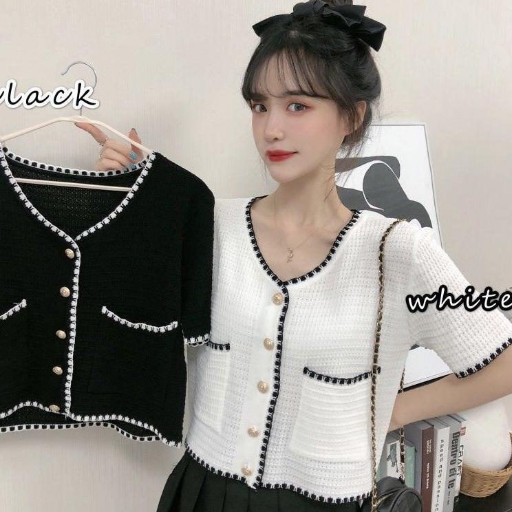 CMK.02Ja23υ ‣ Kardigan Pendek Rajutan Lengan Pendek Gaya Korea Untuk Wanita
