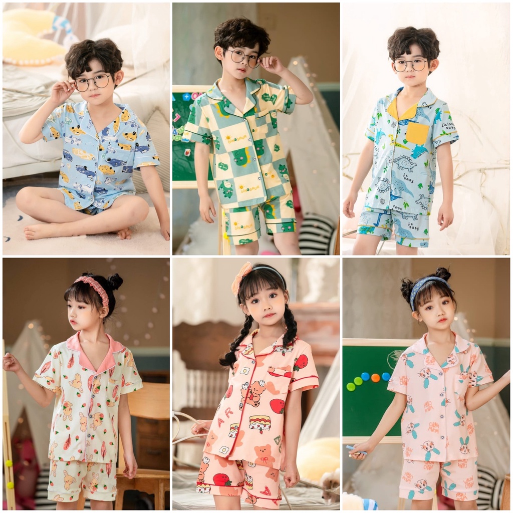 baju anak piyama import usia 1-4 thn / setelan kemeja lengan pendek celana pendek laki-laki perempua