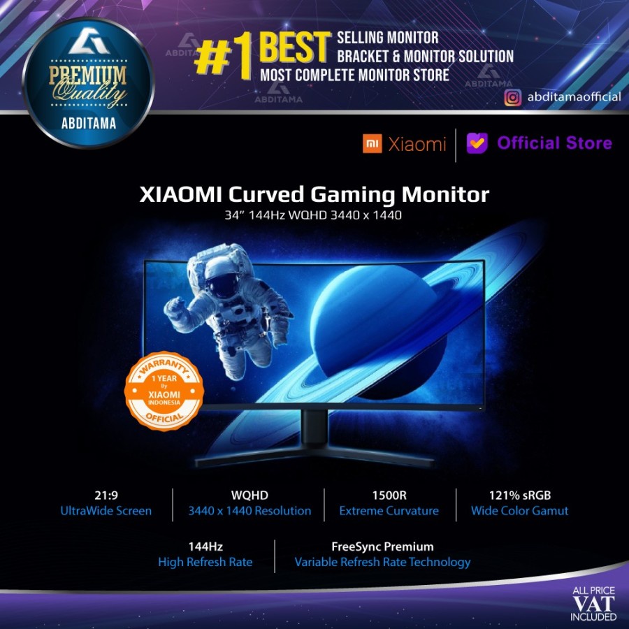Monitor LED XIAOMI 34" Ultrawide Curved 1440p HDMI DP GRS Xiaomi IND