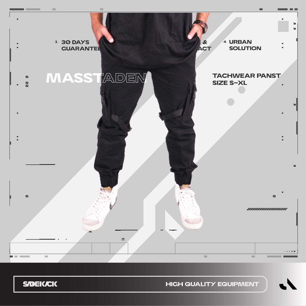 Sidekick Project MASSTADEN Celana Panjang Pria Warna Hitam Bahan Cotton Twill Ukuran S-XL Celana Cargo Celana Jogger Tech Wear