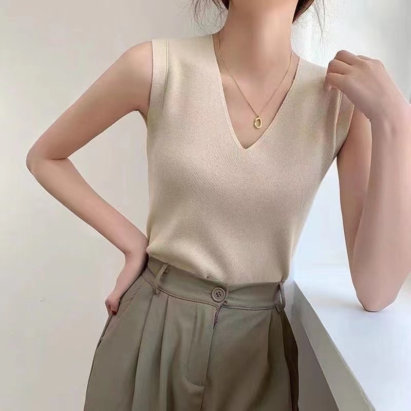 Hasya Singlet V-neck Rajut - Atasan Wanita Rajut Import TM (52115)