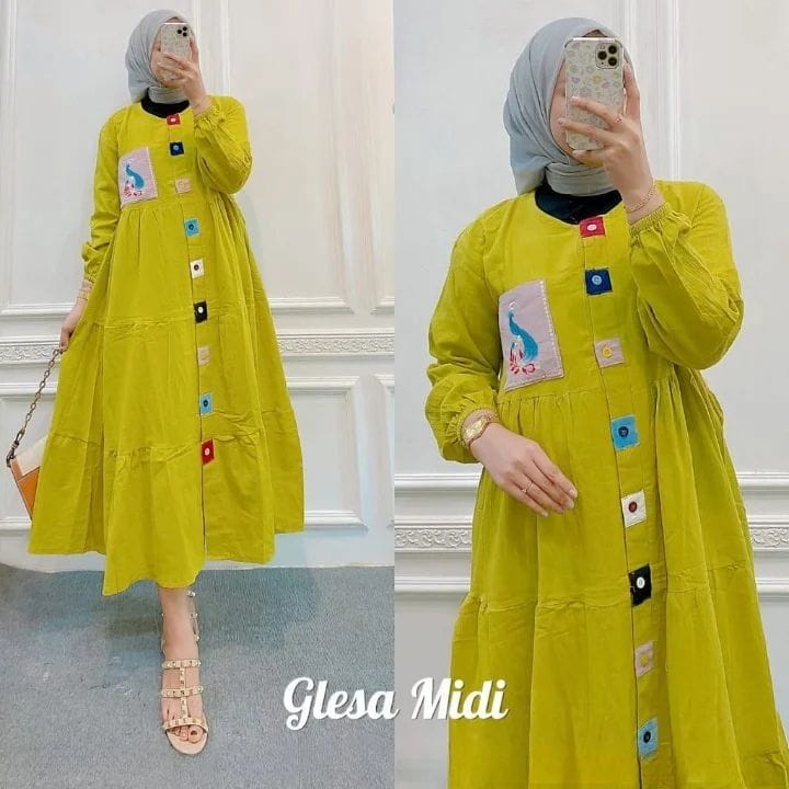 TAP ❗❗ Glesa Midi Dress - Midi Dress Muslim - Midi Dress Korea - Katun Rayon Full Kancing Depan Variasi Warna Lengan Panjang Casual - Tunik