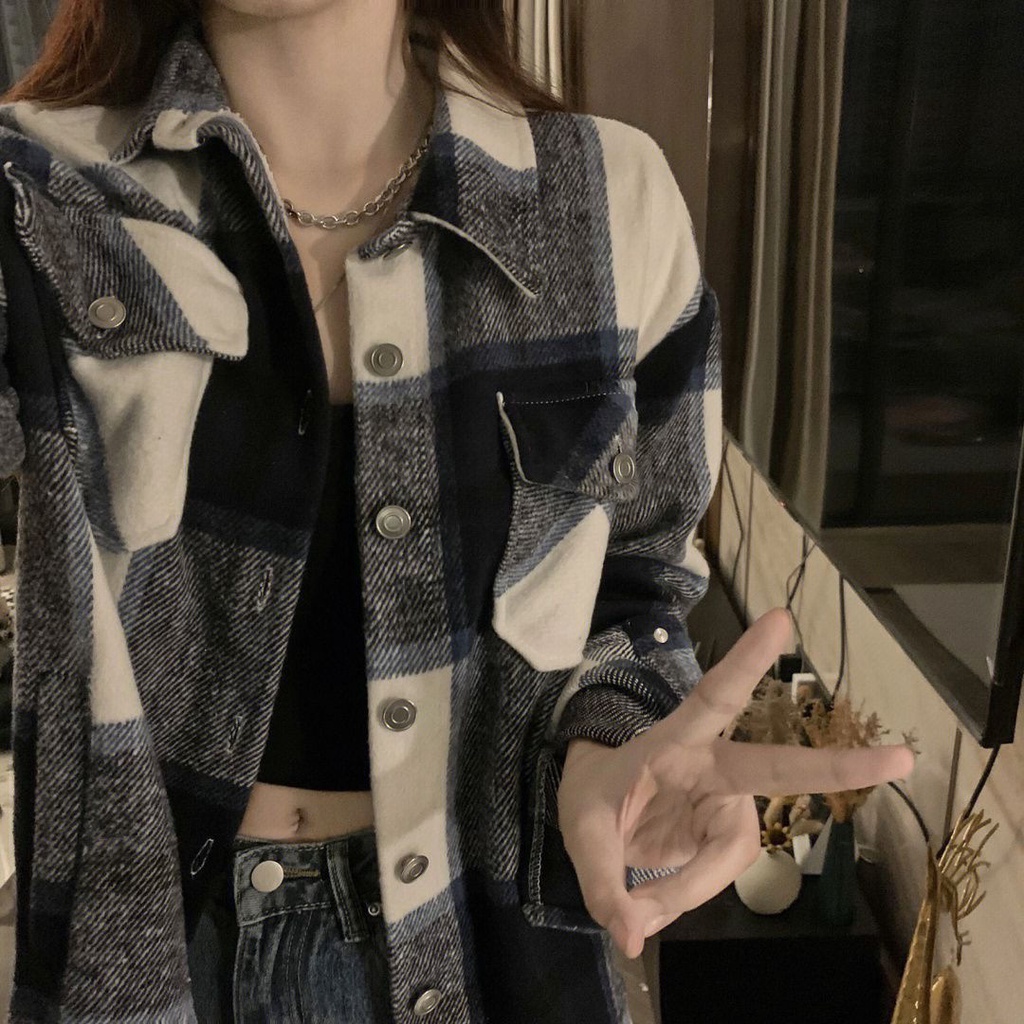 Musim gugur dan musim dingin kemeja lengan panjang kotak-kotak desain wanita niche rasa kemeja longg