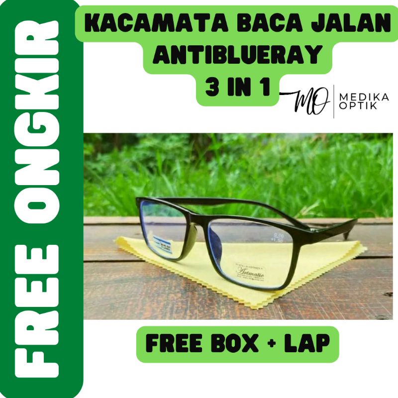 (Promo Free Kotak+ Lap ) Kacamata baca ajaib 3 in 1: Baca + Jalan + Anti-Blueray Desain Bagus (bisa 