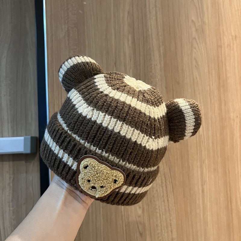 Topi kupluk anak unisex motif GARIS BEAR / kupluk bayi usia 6 bulan - 2 tahun import