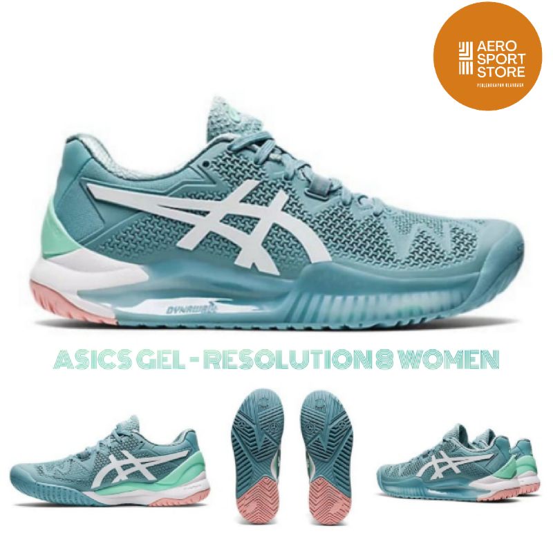 [ SEPATU TENIS LAPANGAN ASICS GEL RESOLUTION 8 WOMEN 2022 / SMOKE BLUE WHITE ORIGINAL ]