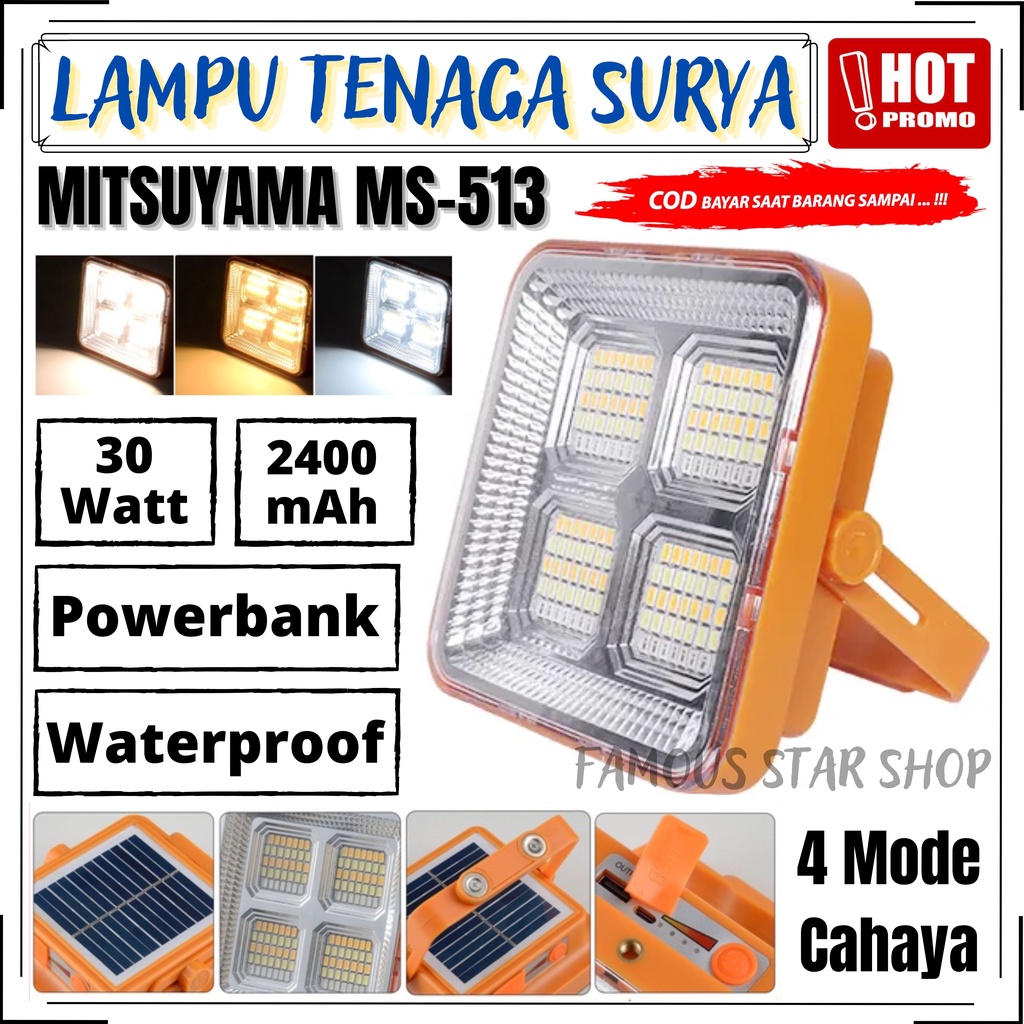 Lampu Emergency Mitsuyama MS-513 LED Light power bank solar cell/Lampu Panel/Lampu Emergency Profesional Mitsuyama 30 Watt | Lampu Emergency Professional Mitsuyama MS 513 Tenaga Surya Bisa Dicharge | FMS