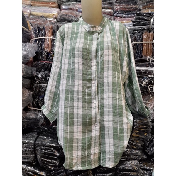 BLOUSE TUNIK WANITA CRINKCLE KATUN WARNA HIJAU MINT KOTAK KOTAK
