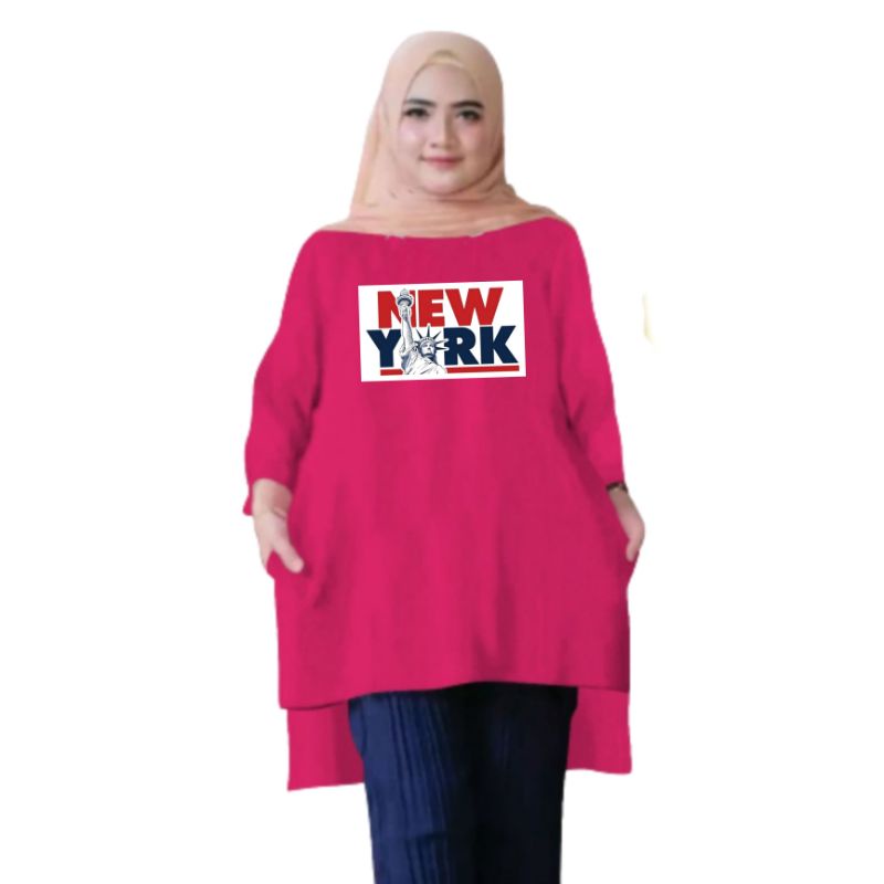 Atasan Baju Tunik Kaos Wanita Dewasa Oversize LD 130 Cm Terbaru 2023 Viral Gambar DTF Bahan Kaos Babyterry . Atasan Baju Wanita Santai Tunik Wanita Dewasa CewekJumbo Kekinian Murah Big Size NEW YORK